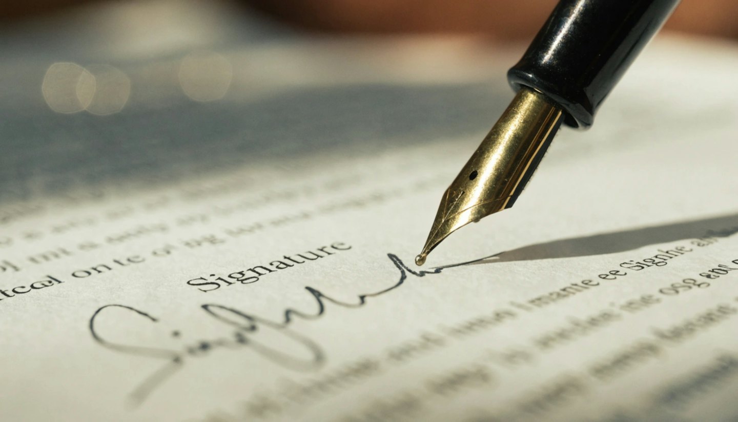 Black fountain pen signing a document on white paper.
